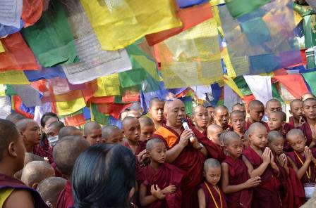 Under the prayer flags at Bodh Gaya.