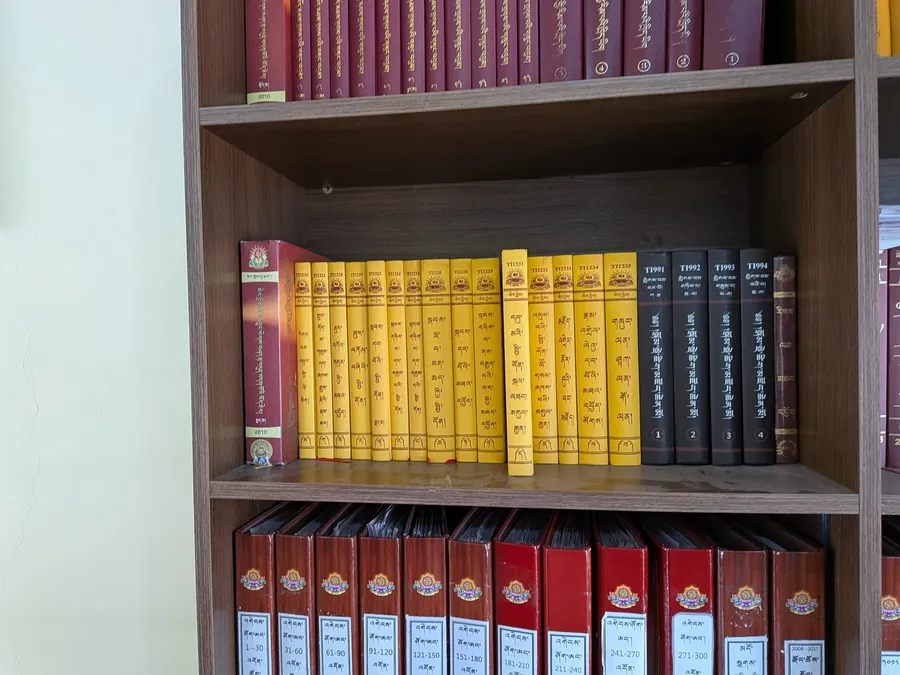 A library shelf holding fifteen yellow volumes, each bearing the Sera Jey emblem, catalogued TT1221 to TT1236, alongside darker bound volumes and archive files.
